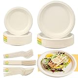 Huanmin 250Pcs Ökologisch Einweggeschirr, Kompostierbar Ökologisch Pappteller Set, Einwegteller set für 50 Gästeinkl, für Grillfest, Camping, Picknick oder Party Pappteller &Gabeln &Messer&Löffel