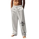Herren-Freizeithose mit elastischem Bund – Leinenhose für Herren, Baggy-Sommer-Hose, gerades Bein, Jogger, Farbverlauf, bedruckte Leinenhose mit Taschen, Kordelzug, leichte Loungehose, Beige