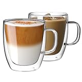 CMXING Doppelwandige Latte Macchiato Gläser Set 2er Set 350ml Kaffeeglas Teegläser mit Henkel Borosilikatglas Kaffeetassen Glas für Cappuccino,Tee,EIS,Milch,Bier