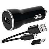 EMOS USB Auto-Ladegerät 2.1A, Zigarettenanzünder mit USB-A Port, 10,5W Ladeadapter für Auto, PKW, KFZ, LKW, Autoladegerät mit LED-Anzeige, Micro-USB Kabel 1m und USB-C Reduktion