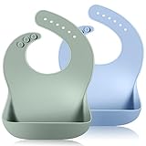 Vicloon Silikon Baby Lätzchen, 2 Stück Fütterlätzchen mit Auffangschale 6 Verstellbaren Tasten, BPA Frei, Babylätzchen Einfache Reinigung, Wasserdicht für Babys Jungen und Mädchen