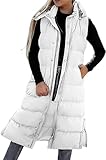 Lange Pufferweste für Damen, gesteppte Kapuze und Knopfverschluss, ärmellos, Puff-Weste, Reißverschluss, Wintermäntel, Herbst-Oberbekleidung, weiß, M