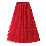FGVFCS Damen Tüllrock Midi Rüschen Gestufter Kuchenrock Elegant Elastisch Hohe Taille A-Linie Petticoat Mesh Lange Tutu Flowy Röcke für Abschlussball Homecoming Geburtstag Party Fancy Underskirt