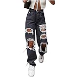 High Waist Jeans Damen Stretch Ripped Destroyed Loose Fit Jeans Boyfriend Denim Straight Hose Mode Streetwear Hose Damen Denim Jeans Jogginghose Freizeithose Hellblau, Schwarz , XL