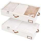 GBACHOOSE 2 Stück Unterbettkommode 85 * 45 * 15cm, Unterbett Aufbewahrung mit deckel, Aufbewahrungstasche für Kleidung, Bettdecken, Decken, Steppdecke, Beige