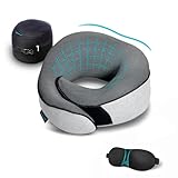 Proglobe Nackenkissen Flugzeug, Reisekissen 100% Memory Foam, Orthopädisches Nackenhörnchen, Ideal für Reisen mit Flugzeug, Auto, Zug Mit 3D-Schlafmaske, Hochwertige Netztasche, Grau