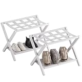 HITNET Kofferständer Klappbar 2er pack, Weiß Gepäckablage Faltbar aus Bambus für Gästezimmer, Kofferablage mit Stoffablage, platzsparender Kofferhocker für Hotel und Schlafzimmer