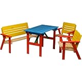 dobar® 94370FSC Kinder Outdoor Sitzgruppe 4 Plätze | 1 Bank, 2 Stühle, 1 Tisch | Picknickgarnitur für Kinder | Kindersitzgruppe Massivholz für Garten/Terrasse | Wetterfest Kindersitzgarnitur | Bunt, Mittel