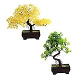 DEARMAMY 2 Stück Künstlicher Bonsai Baum mit Grünem Kunststofftopf Lebensechte Deko für Büro Fensterbank Wohnzimmer Pflegeleichte und Realistische Pflanzen für Wohnraum und Arbeitsplatz