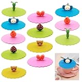 PXBSNB 12 Stück Silikondeckel für Trinkgläser, 10 CM Silikon Glasabdeckung Trinkglas, Anti Staub Silikondeckel für Gläser, Bunt Cartoon Deckel für Trinkgläser für Weingläser Kaffeebecher Bierkrug