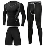 Terecey Kompressionsanzug Herren Set Kompressionsshirt Leggings Sportshorts 3pcs Set Fitness Bekleidung Kompression Sportbekleidung für Training Laufen Radfahren Gym