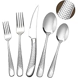 SHEUMNT 20 Stück Hammerschlag Silber Besteck, 18/10 Edelstahl Besteck Set, Modernes Küchenutensil Set Service für 4, Geschirr Set, Essbesteck Set inklusive Gabel Löffel und Messer