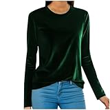 Damen-Langarm-Samt-Oberteil, eleganter Rundhalsausschnitt, einfarbig, Samt, langärmelig, Sweatshirts, Tops, lässig, lockere Passform, Basic-Blusen, Baselayer, Passform, T-Shirts, Tunika-Tops, #01 Grün