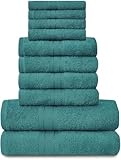 Lions Familien-Handtücher, 10-teiliges-Set, 100 % ägyptische Baumwolle, 4 x Gesicht, 4 x Hand, 2 x Badetuch, hoch wasserabsorbierendes Badzubehör, maschinenwaschbar, blaugrün, 544760