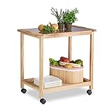 Relaxdays Küchenwagen auf Rollen, Holz Servierwagen mit Glasplatte, 2 Etagen Rollwagen, HxBxT: 62 x 66 x 38 cm, natur, Braun