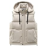 Pufferweste für Herren mit abnehmbarer Kapuze, ärmellos, leicht, wattiert, für den Außenbereich, lässig, warme Winterjacke, Beige, 3X-Large