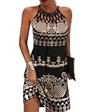 GRMLRPT Damen Ärmelloses Boho Sommerkleid Knielang Ethnischer Stil Elegant Bedruckt Mesh Retro Kleider Neckholder Freizeitkleid Damens Kleider Strandkleider(Schwarz-3,L)