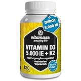 Vitamin D3 K2 5000 IE mit Vitamin K2 MK7 99% All Trans Form, 1+ Jahre Vorrat, 180 Tabletten Vitamin D ohne unnötige Zusatzstoffe, in Deutschland hergestellt