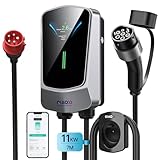 QIAO 11 kW Wallbox EV-Ladegerät Typ 2, intelligente Ladestation für Elektrofahrzeuge mit 4,3-Zoll-LCD-Display, Kabelhalter, [3-phasig, 7 m, 8 – 16 A], rote 16-A-CEE-Stecker-Ladebox für zu Hause