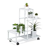 Relaxdays Pflanzenständer, 4 Ablagen, Pflanzentreppe für Blumen & Kräuter, Metall Blumenständer mit Rollen, Stahl, weiß