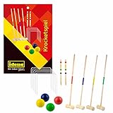 Idena 40609 - Krocketspiel aus Holz mit Schlägern, Bällen, Metalltoren und Zielmarkierungsstäben, im praktischen Tragenetz, unterhaltsames Freizeitspiel für den Garten und Park