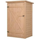 Outsunny Gartenschrank Holz, Geräteschuppen wetterfest 75x56x115cm, Gerätehaus mit Tür, Böden, Geräteschrank, Gartenhaus Werkzeugschrank Gartenschuppen für Garten, Terrasse, Hinterhof, Rasen, Natur