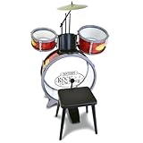 Bontempi 51 4504 Schlagzeug: Baßtrommel Ø 385 mm mit Pedal. 2 kleine Trommeln Ø 170 Becken Ø 210 mm. 2 Schlagstöcken. Echte Sounds. Inkl. Hocker. Maße: 500x500x680 mm, Mehrfarbig