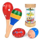 Hölzerne Baby Spielzeug, 5 Stück Mini hölzerne Maracas Eierschüttler und Regen-Stock Rasseln Musikspiel für Babys über 6 Monate, Shaker Sand Hammer Musikinstrument für 1+ Jahr alte Kleinkinder