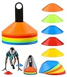 Birshe 50 Stück Markierungshütchen, Sport Hütchen mit Ständer, Netztasche, Fussball Hütchen Set für Fussball, Hockey, Eislaufen, Handball oder Trainingshilfe für Koordination(5 Farben