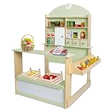Coemo Kaufladen Kinder Kaufmannsladen Lilly Holz Verkaufsstand mit 3 Schubladen Schrank Uhr Theke Seitentheke (Mintgrün)