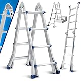 Ikodm Mehrzweckleiter 402cm 4x4 Sprossen Teleskopleiter 3 in 1 Aluleiter Multifunktionsleiter Klappleiter, Anlegeleiter Bockleiter Schiebeleiter beidseitige Steh und Treppenleiter