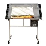 soges Verstellbarer Zeichentisch, Zeichentisch, mit Platte aus gehärtetem Glas, Zeichnungstisch, Kunststation, Bürotisch, S1-CZKLD-028