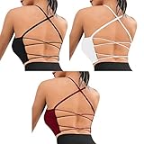 Vertvie Sport BH Damen Gepolstert Spaghettiträger Crossback Yoga Sports Bra Rücken Verkreuzt Gerippt Bustier Ohne Bügel Atmungsaktiv BH mit Abnehmbaren Cups(Schwarz+Weiß+Rot,S)