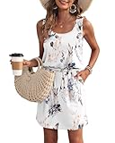WNEEDU Sommerkleid Damen Ärmellose Strandkleid Damen U-Ausschnitt KordelzugKleid Luftiges Kleid Damen Sommer mit Taschen Florales Weiß L