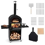 KOMFOTTEU Pizzaofen Outdoor mit 2 Schichten, tragbarer Holzofen mit Tragetasche, Pizzaschaufel, Rost, Thermometer, Pizza Backofen für Grill, Camping, Picknick