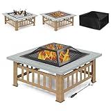 KOMFOTTEU Feuerschale Feuerkorb, Feuerstelle mit Grillrost & Decekl, Flammschale 81 x 81cm Outdoor, Feuerstellentisch inkl. Schürhaken, firepit mit Funkenschutz für Heizung BBQ (Silber)