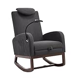 Schaukelstuhl Schaukelsessel mit Ausziehbarer Fußstütze und Handyhalter, Schwingsessel Armlehnsessel Relaxsessel mit Seitentaschen für Schlafzimmer, Wohnzimmer (Dunkelgrau + Cord)