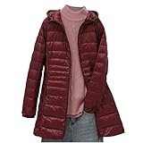 Flodxo Daunenjacke für Damen, verstaubar, leicht, Wintermantel, lange Steppjacke mit Kapuze, warme Oberbekleidung, winddicht, ultraleicht, übergroßer Mantel, wein, S