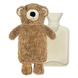 Wärmflasche mit Bezug 1L, Tier Wärmflasche Kinder, Gummi Wärmflaschen mit kuschelig weichem Bezug, Süße Wärmflaschen Bär für Bauch Hand Fuß Körper Warmhalten, Hot Water Bottle Zur Reinigung Abnehmbar