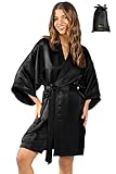 Tara Sartoria Luxuriöser Damen-Bademantel aus Seide, waschbarer kurzer Kimono aus reiner Maulbeere, true black, XXX-Large
