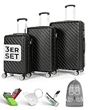Onbest 3er Kofferset XXL Komplettpaket – Sichere und leichte ABS Hartschalenkoffer 20' 24' 28' mit Rollen – Reisegepäck Set: Reisekoffer, Trolley, Rollkoffer inkl. digitaler Kofferwaage (Schwarz)
