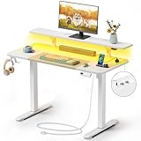 Rolanstar Höhenverstellbarer Schreibtisch, 120x60 cm Schreibtisch Höhenverstellbar mit LED & Steckdosen, Ergonomischer Gaming Tisch für Homeoffice, Büro