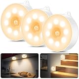 Nachtlicht mit Bewegungsmelder，3*AAA Batteriebetriebene lampen， Auto ON/OFF, Schrankbeleuchtung，Bewegungsmelder innen für Treppe, Schlafzimmer, Küche, Kinderzimmer. warmes Licht （Warmweiß 3 Stück）