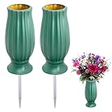Grabvase, 2 Stück Friedhofsvase Mit Erdspieß, Fgrabvasen Friedhof Frostsicher, Steckvase Grab, Kunststoff Grabvasen Mit Metallspikes, Grabvasen Friedhof Zur Aufnahme Von Blumensträußen (Grün)