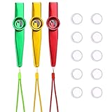 Kazoos Metall, Kazoo Musik Instrument, Kazoo, Kasu Musikinstrumente, Kazoo Instrument Set, mit 10 Flötenmembranen und 3 Lanyards, für Kinder Musikliebhaber（Gold, Rot, Grün), Butyeak