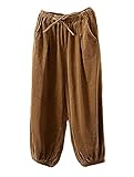 FTCayanz Damen Cordhosen Weite Hosen Elastische Taille Baumwolle Kordelug Haremshose Freizeithose mit Taschen Braun L