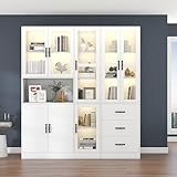 boorbin Modernes weißes Kombivitrinen-Set 200 cm hoch und 180 cm lang, weiße Standvitrine mit LED-Beleuchtung, 8 Türen, 3 Schubladen