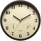 Sumsoctober Kleine Outdoor-Uhr, mit Thermometer und Hygrometer, 25,4 cm, leise, wasserdichte Wanduhr für Terrasse, Garten, Küche, Innen- und Außenbereich, rustikale Holzmaserung Design (dunkelbraun)
