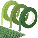LDERFIV 3 Stück Floristenband Grün 100 Pcs Blumendraht Floristendraht Kreppband für Wrapping Blumensträuße und Floralen Handwerken Kunsthandwerk (27m/Rolle)