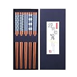 HAUTOCO 5 Paar Japanischer Stil Bambus Essstäbchen Wiederverwendbar Essstäbchen mit Box, Spülmaschinenfest Essstäbchen, 22,5 cm